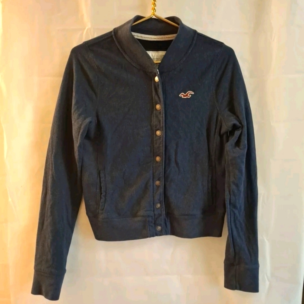 Vtg Y2K Hollister Cardigan Sweater Juniors Large Navy Blue Wool Blend Knit